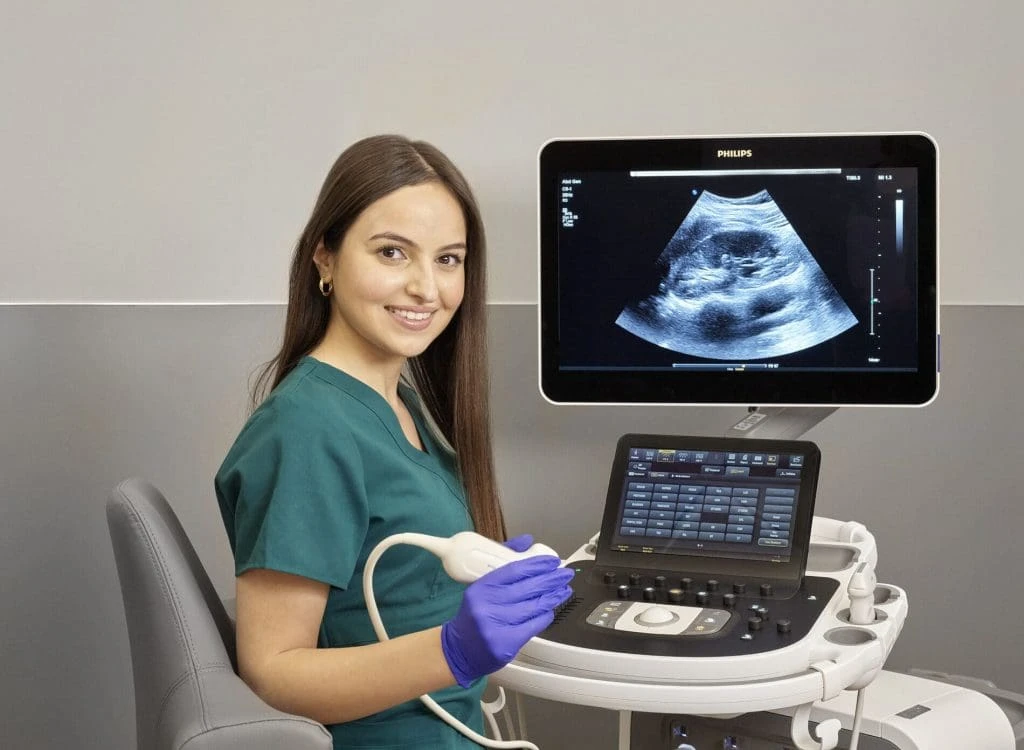 ecografista mirando fijamente a la cámara sonriendo mientras realiza un ultra sonido